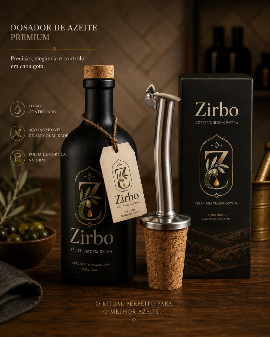 Dosador de Azeite Premium Zirbo — bico em aço inoxidável, rolha de cortiça natural, com caixa de oferta