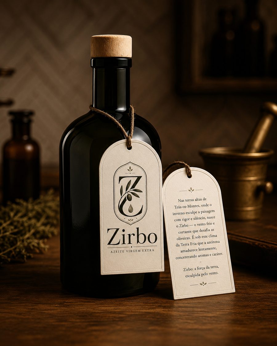 Zirbo Edição Vidro — frasco de vidro verde antigo com rolha de cortiça e etiquetas suspensas