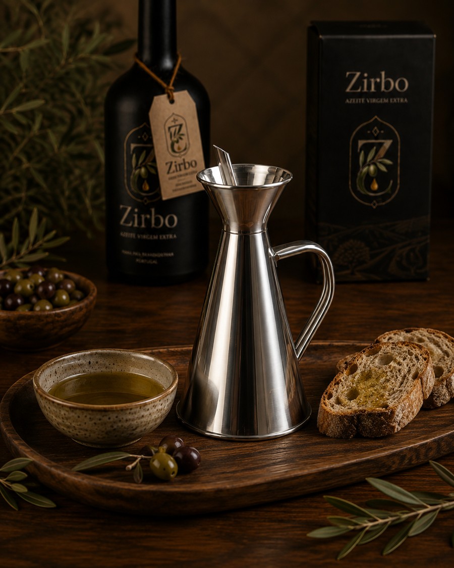 Galheteiro Zirbo — almotolia em aço inoxidável com bico doseador interno e sistema anti-gota, 250 ml