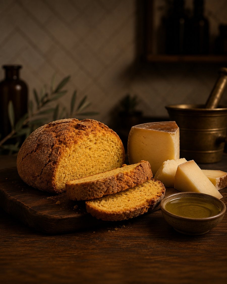 Broa de milho com queijo curado e azeite
