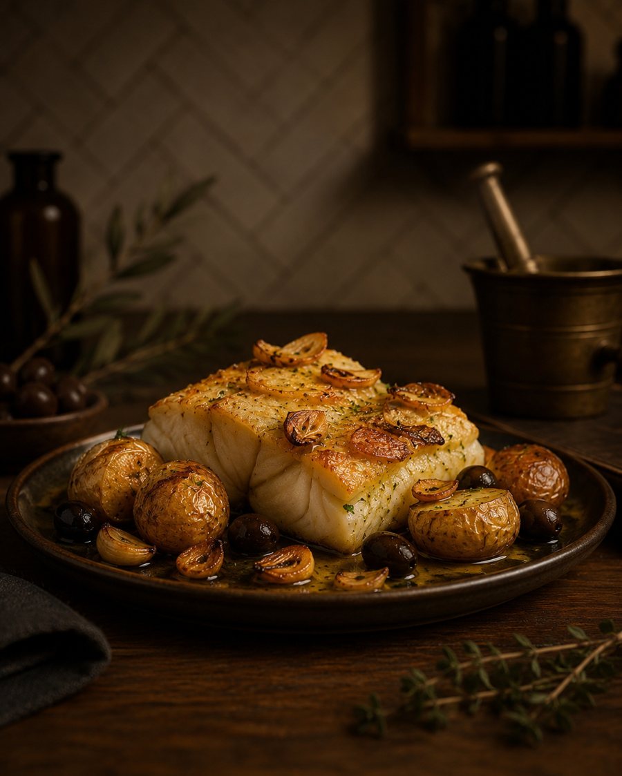Bacalhau à Lagareiro com batatas a murro e azeitonas