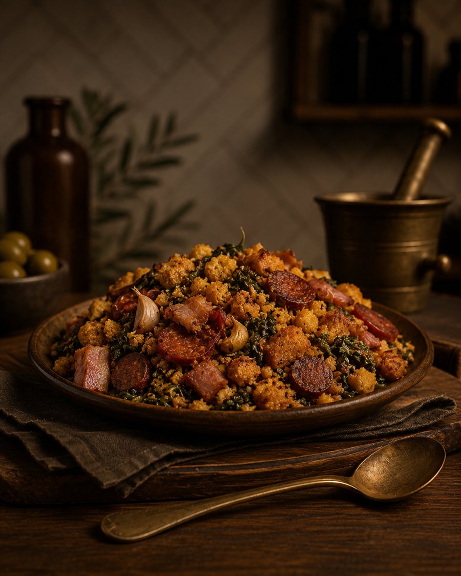 Migas à Transmontana com chouriço, entrecosto e couve
