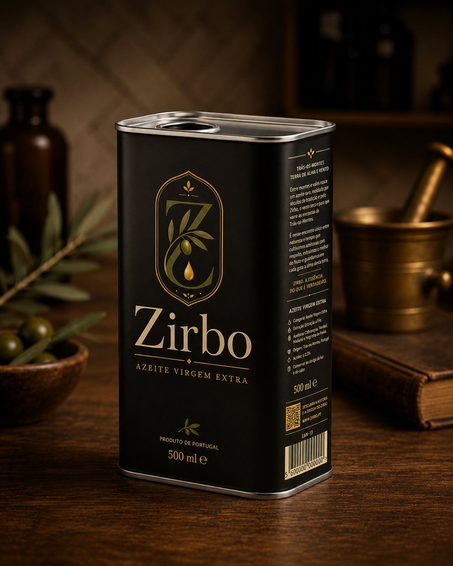 Lata Zirbo, azeite virgem extra, 500 ml, em composição sobre mesa de madeira